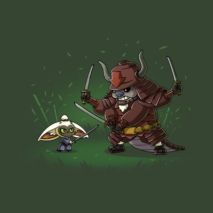 Classic Cotton T-shirt_TeeTurtle forest green Ronin Momo and Samurai Appa Classic Cotton T-shirt featuring Momo and Appa from Avatar: The Last Airbender preparing to spar. Momo has one sword while Appa has three. Their expressions are serious. 