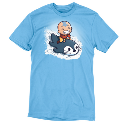 Premium Cotton T-shirt_TeeTurtle light blue Penguin Sledding Premium Cotton T-shirt featuring Aang from Avatar: The Last Airbender joyfully riding an otter penguin through the snow as if it were a sled.