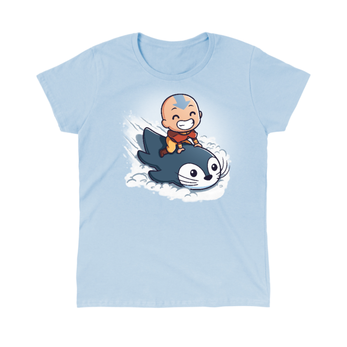 Classic Cotton T-shirt_TeeTurtle light blue Penguin Sledding Classic Cotton T-shirt featuring Aang from Avatar: The Last Airbender joyfully riding an otter penguin through the snow as if it were a sled.