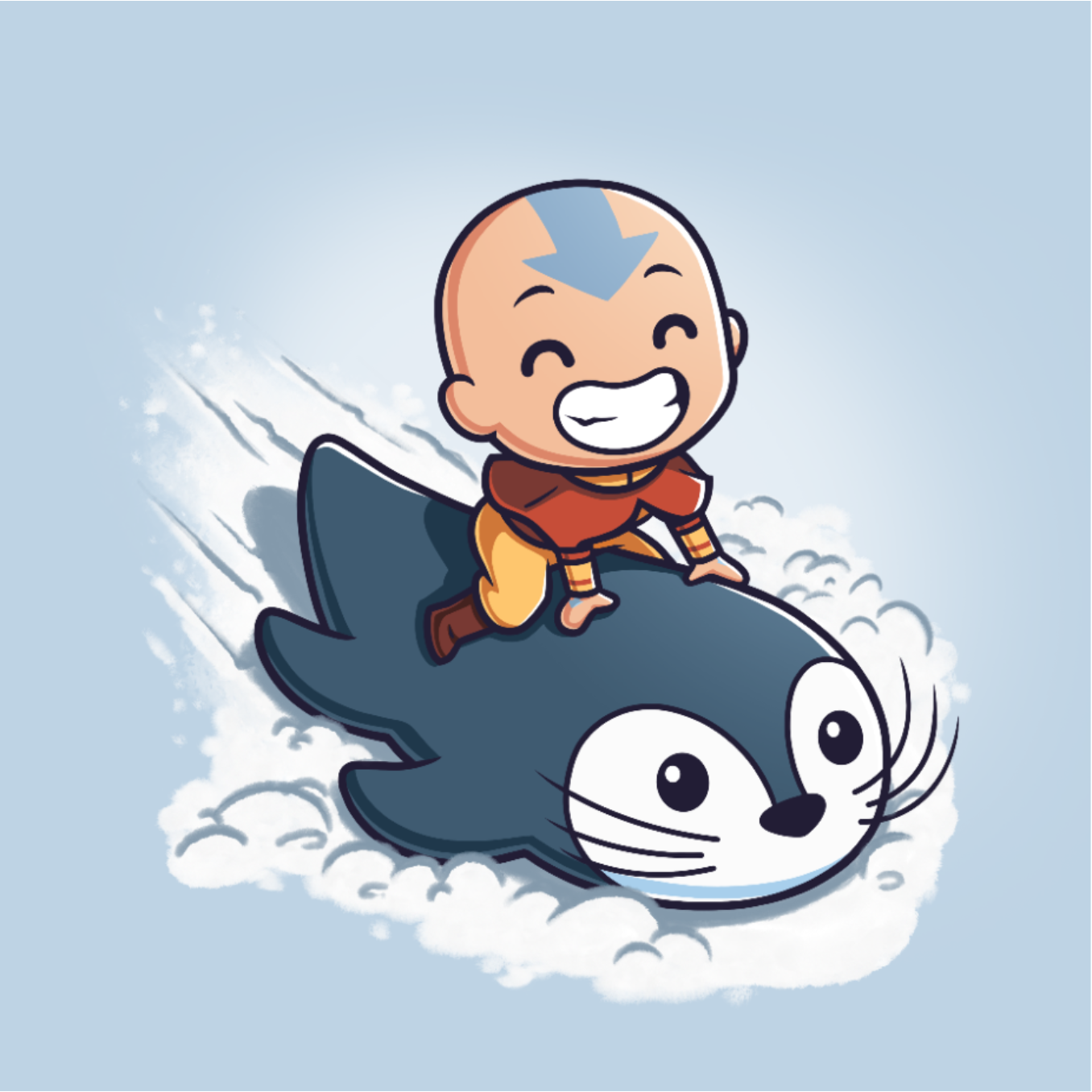 Classic Cotton T-shirt_TeeTurtle light blue Penguin Sledding Classic Cotton T-shirt featuring Aang from Avatar: The Last Airbender joyfully riding an otter penguin through the snow as if it were a sled.