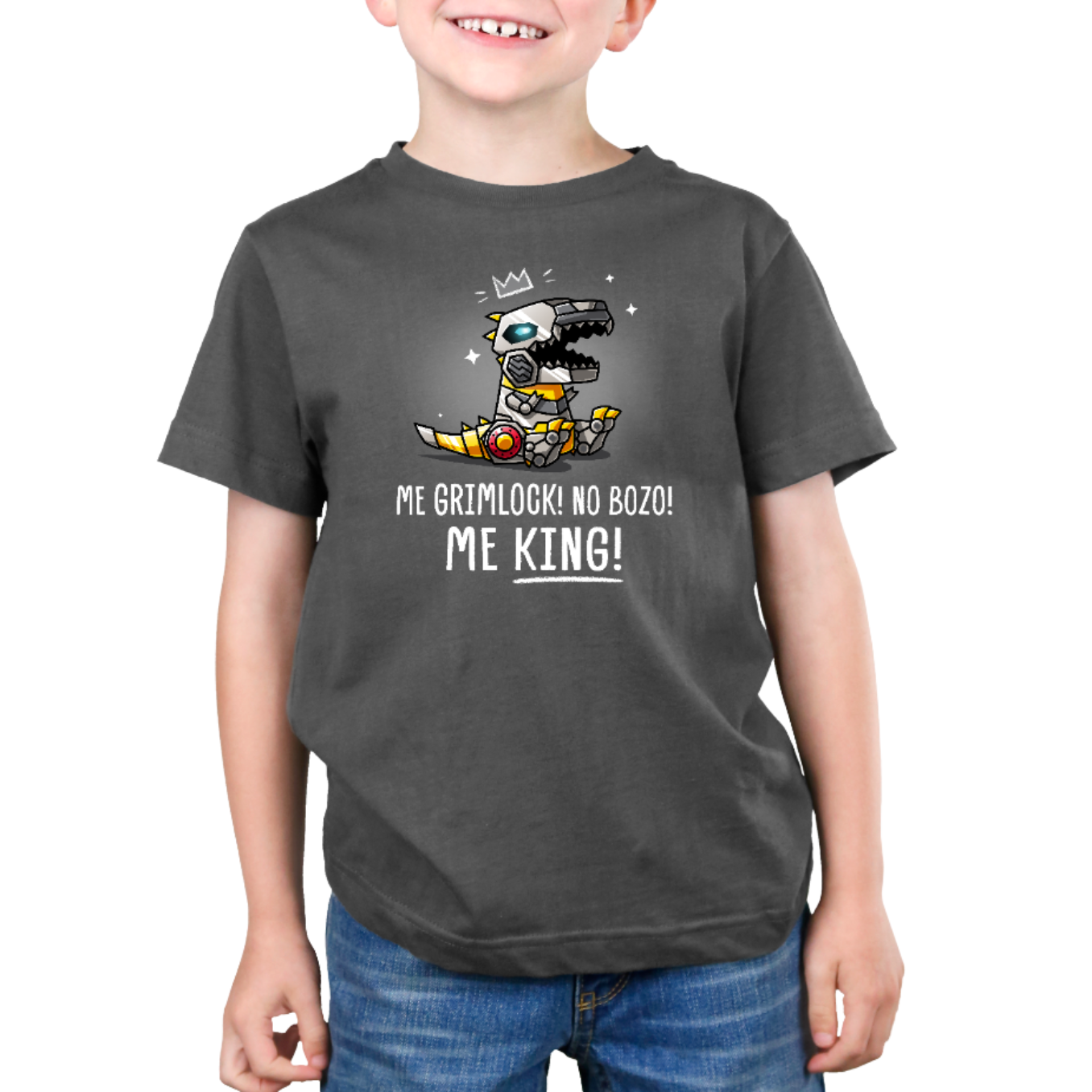 Premium Cotton T-shirt_TeeTurtle charcoal Me Grimlock! Premium Cotton T-shirt featuring Grimlock with a crown drawn over his head and the words "Me Grimlock! No Bozo! Me King!" 