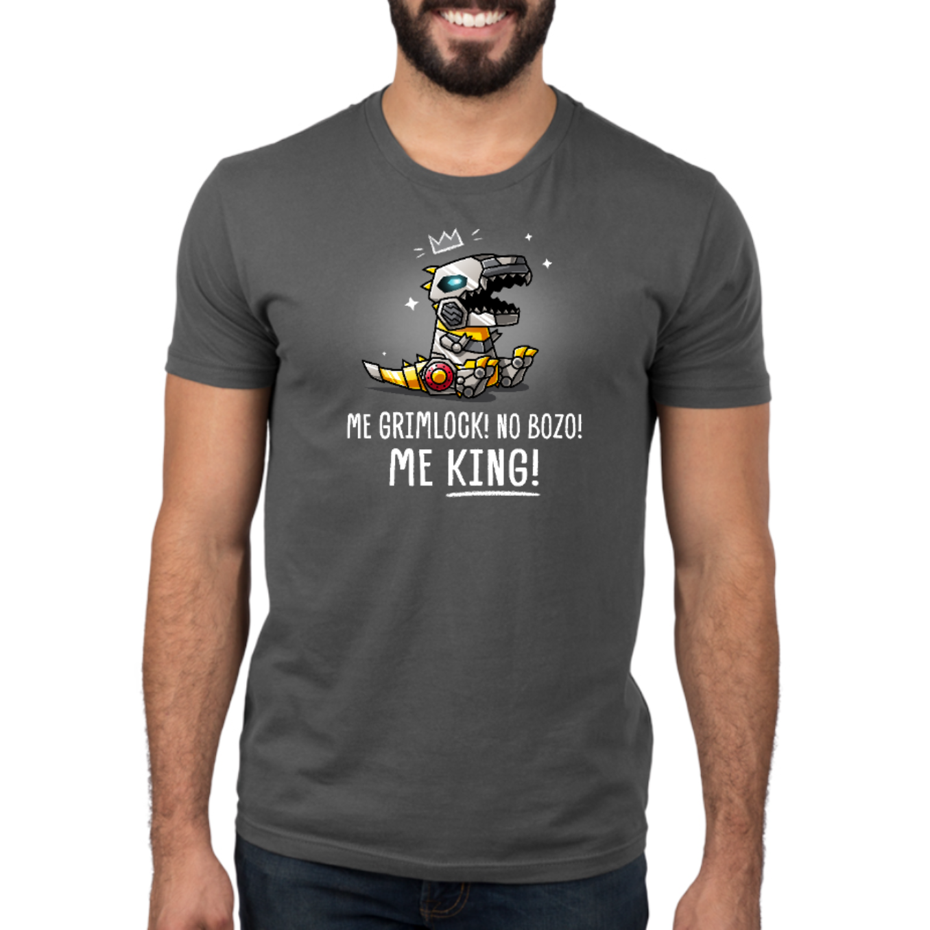 Premium Cotton T-shirt_TeeTurtle charcoal Me Grimlock! Premium Cotton T-shirt featuring Grimlock with a crown drawn over his head and the words "Me Grimlock! No Bozo! Me King!" 