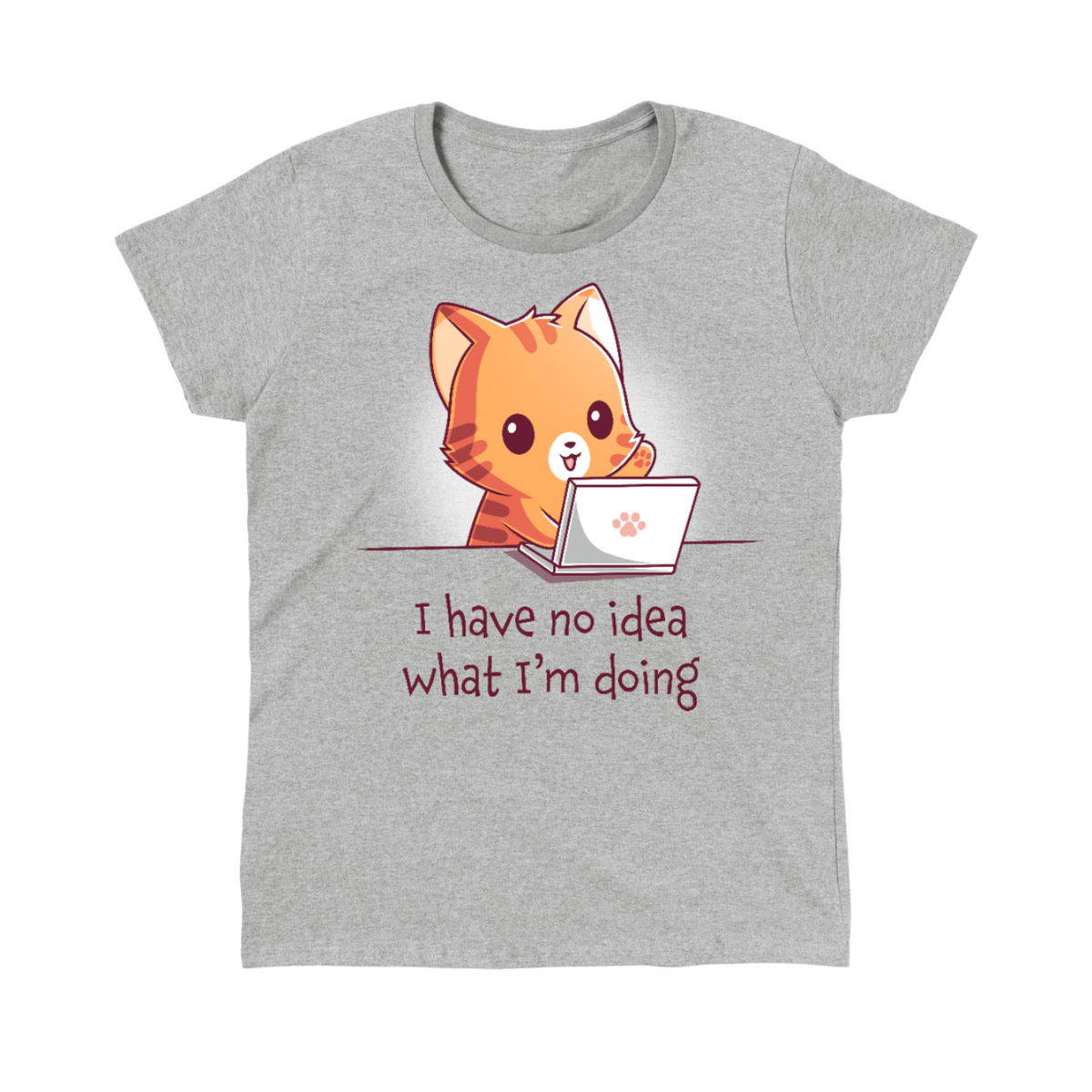 Women's Premium T-Shirt_TeeTurtle light gray I Have No Idea What I'm Doing (Cat) Women's Premium T-Shirt featuring a cheerful orange tabby cat sitting behind a laptop with one paw raised and the text "I have no idea what I'm doing."