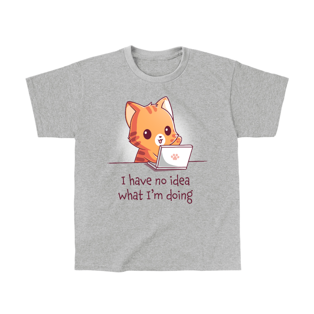 Kids' Classic T-Shirt_TeeTurtle light gray I Have No Idea What I'm Doing (Cat) Kids' Classic T-Shirt featuring a cheerful orange tabby cat sitting behind a laptop with one paw raised and the text "I have no idea what I'm doing."