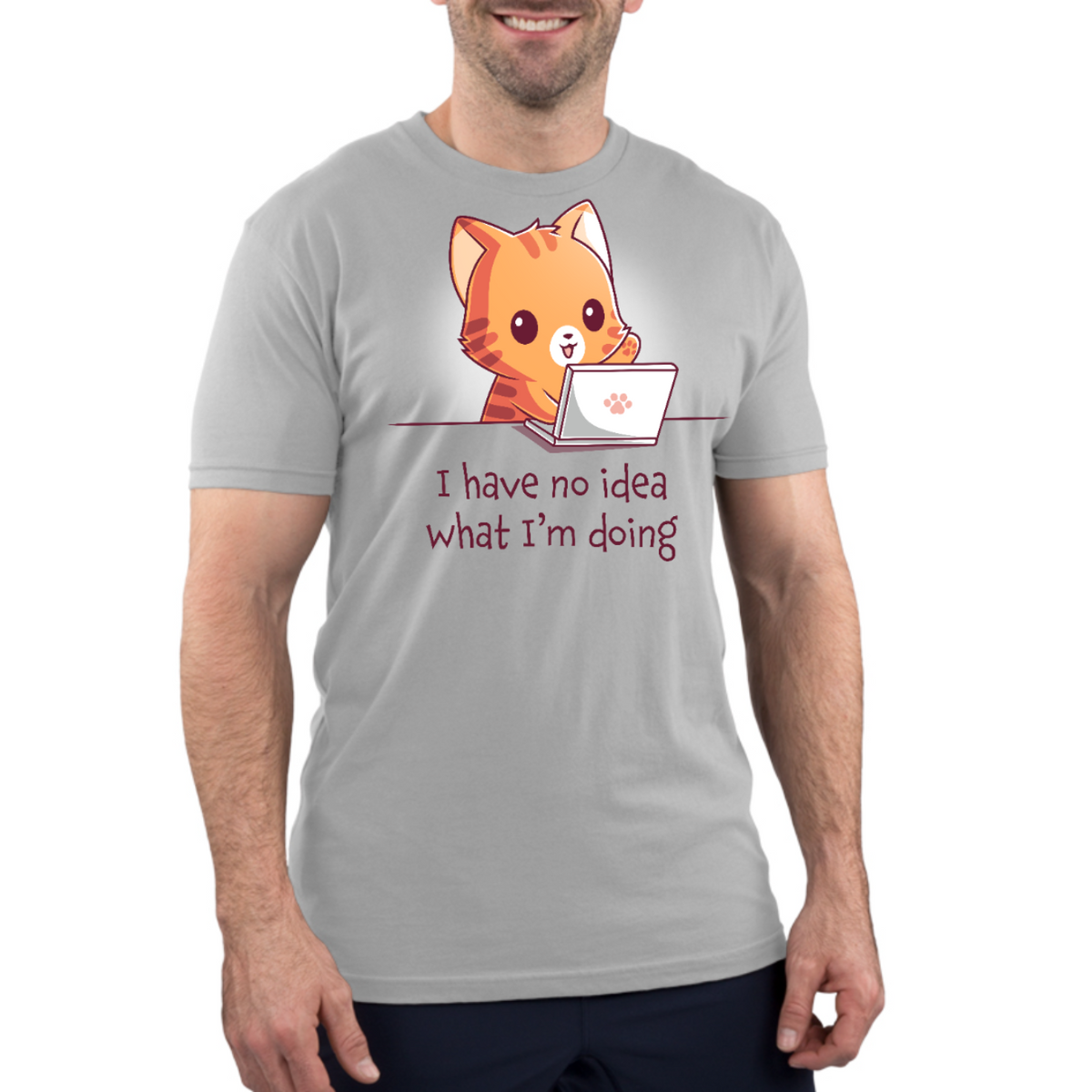 Men's Premium T-Shirt_TeeTurtle light gray I Have No Idea What I'm Doing (Cat) Men's Premium T-Shirt featuring a cheerful orange tabby cat sitting behind a laptop with one paw raised and the text "I have no idea what I'm doing."