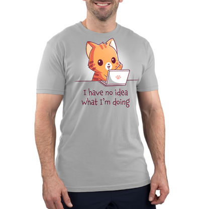 Men's Premium T-Shirt_TeeTurtle light gray I Have No Idea What I'm Doing (Cat) Men's Premium T-Shirt featuring a cheerful orange tabby cat sitting behind a laptop with one paw raised and the text "I have no idea what I'm doing."