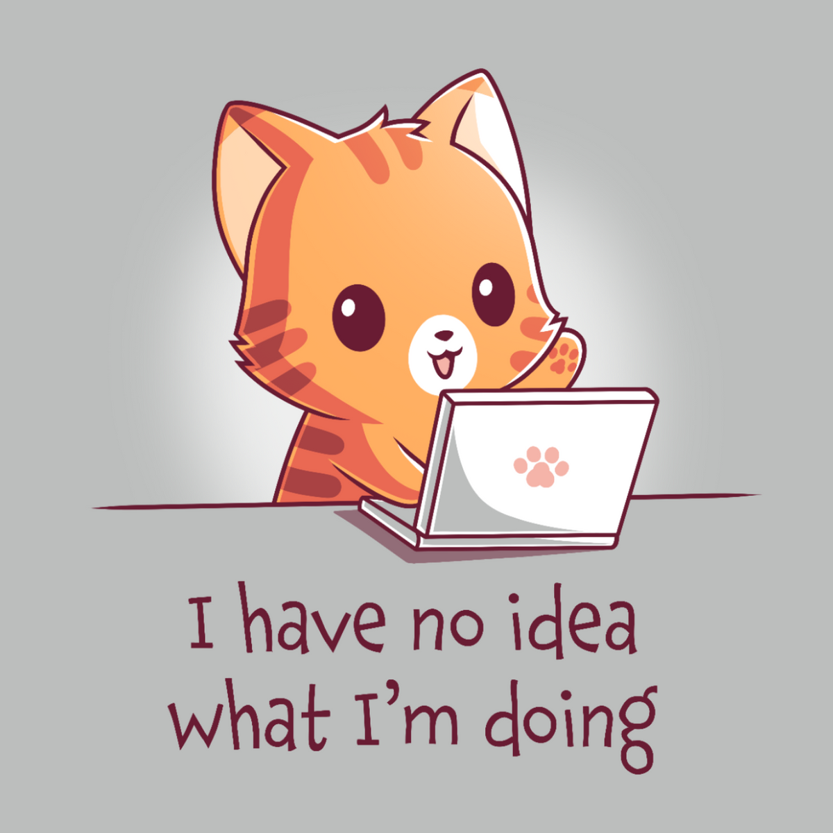 Men's Premium T-Shirt_TeeTurtle light gray I Have No Idea What I'm Doing (Cat) Men's Premium T-Shirt featuring a cheerful orange tabby cat sitting behind a laptop with one paw raised and the text "I have no idea what I'm doing."