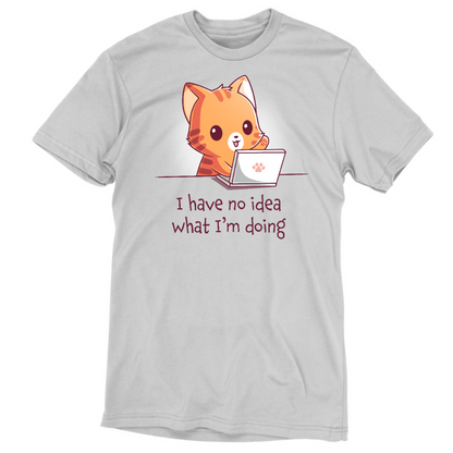 Men's Premium T-Shirt_TeeTurtle light gray I Have No Idea What I'm Doing (Cat) Men's Premium T-Shirt featuring a cheerful orange tabby cat sitting behind a laptop with one paw raised and the text "I have no idea what I'm doing."