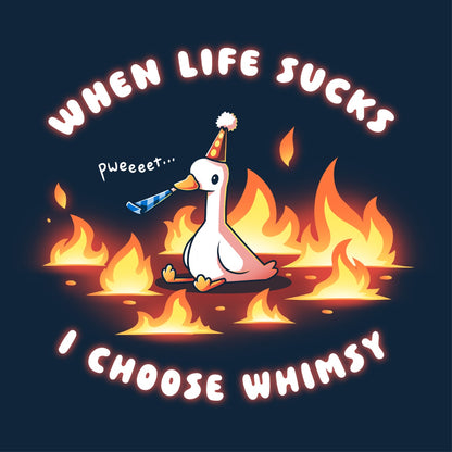 Pullover Hoodie_TeeTurtle navy When Life Sucks I Choose Whimsy Pullover Hoodie featuring a goose with a party hat and a noisemaker sitting surrounded by fire. The text reads "When Life Sucks I choose Whimsy" with "pweeeet" as the sound of the noisemaker. 