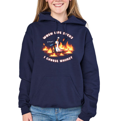 Pullover Hoodie_TeeTurtle navy When Life Sucks I Choose Whimsy Pullover Hoodie featuring a goose with a party hat and a noisemaker sitting surrounded by fire. The text reads "When Life Sucks I choose Whimsy" with "pweeeet" as the sound of the noisemaker. 