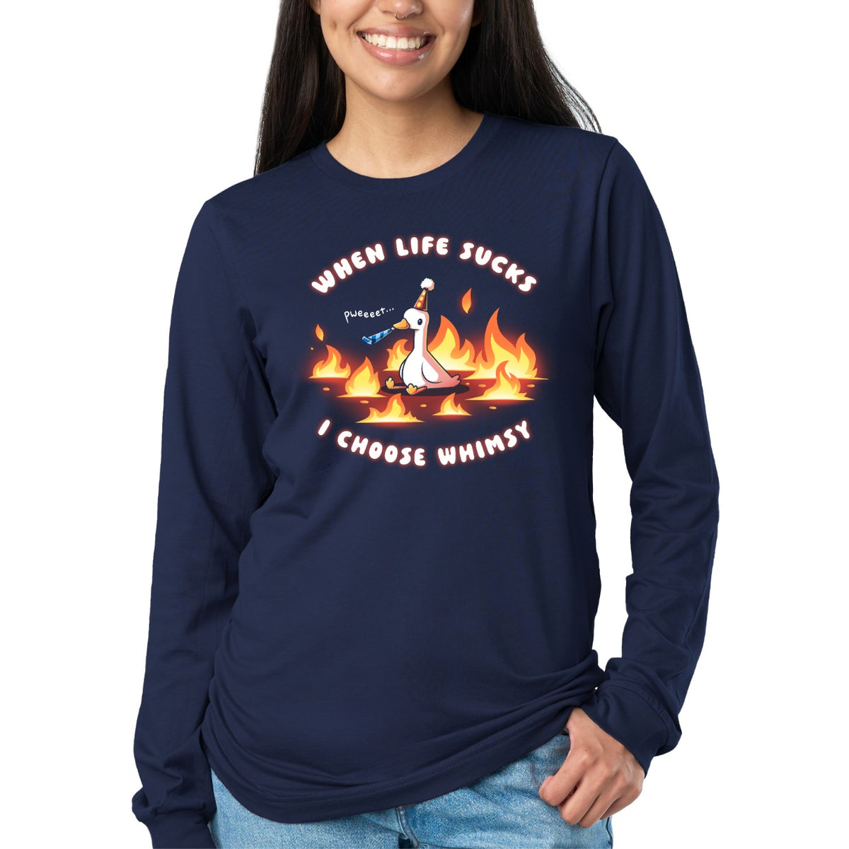 Long Sleeve T-shirt_TeeTurtle navy When Life Sucks I Choose Whimsy Long Sleeve T-shirt featuring a goose with a party hat and a noisemaker sitting surrounded by fire. The text reads "When Life Sucks I choose Whimsy" with "pweeeet" as the sound of the noisemaker. 