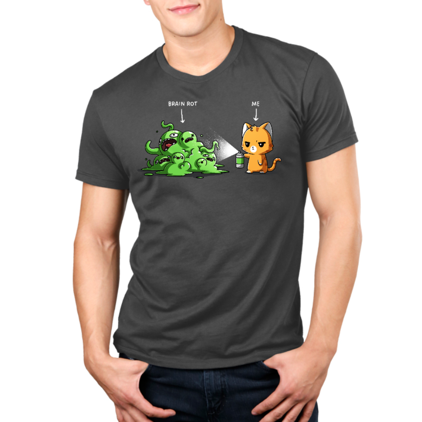 Premium Cotton T-shirt_TeeTurtle charcoal No Thanks Brain Rot Premium Cotton T-shirt featuring an orange cat with a spray can spraying a green blob monster with the label "brain rot" over it 