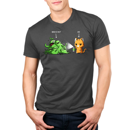 Premium Cotton T-shirt_TeeTurtle charcoal No Thanks Brain Rot Premium Cotton T-shirt featuring an orange cat with a spray can spraying a green blob monster with the label "brain rot" over it 