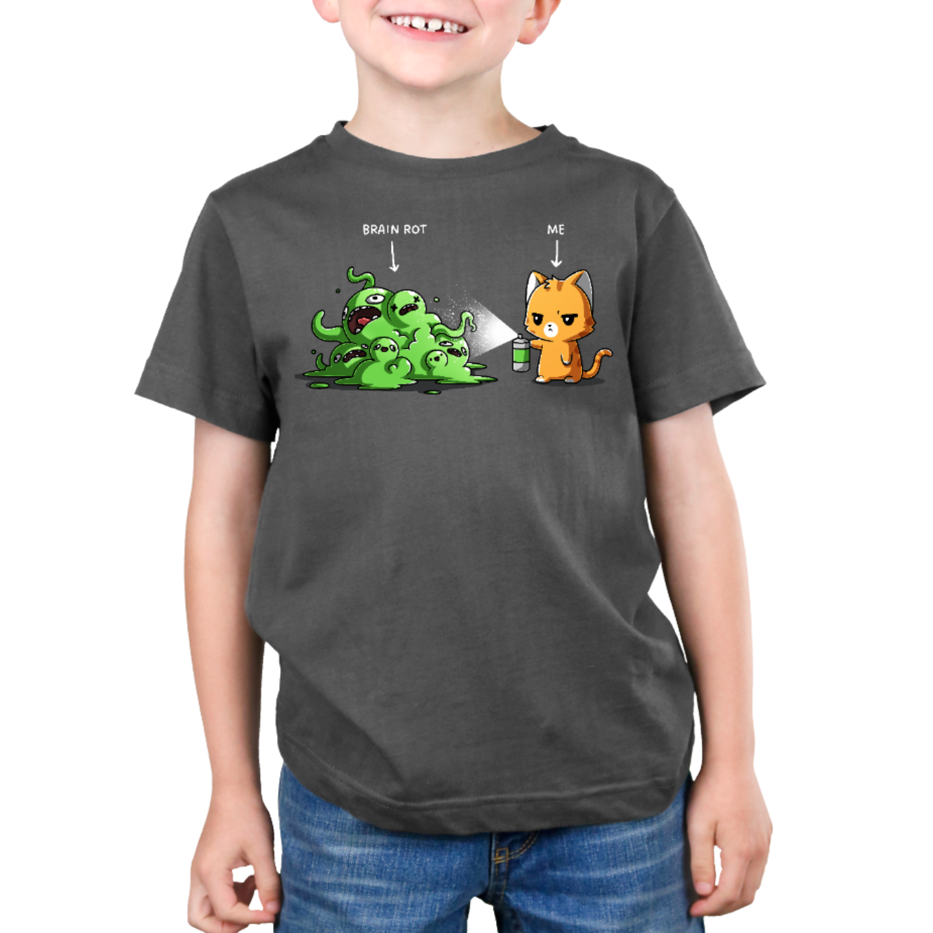 Premium Cotton T-shirt_TeeTurtle charcoal No Thanks Brain Rot Premium Cotton T-shirt featuring an orange cat with a spray can spraying a green blob monster with the label "brain rot" over it 