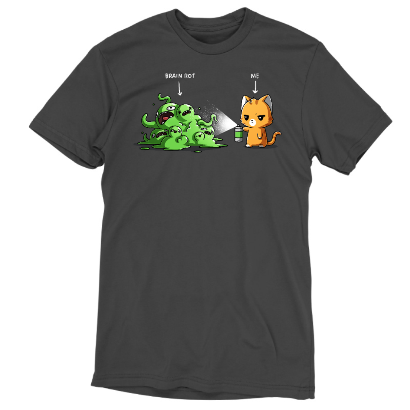 Premium Cotton T-shirt_TeeTurtle charcoal No Thanks Brain Rot Premium Cotton T-shirt featuring an orange cat with a spray can spraying a green blob monster with the label "brain rot" over it 