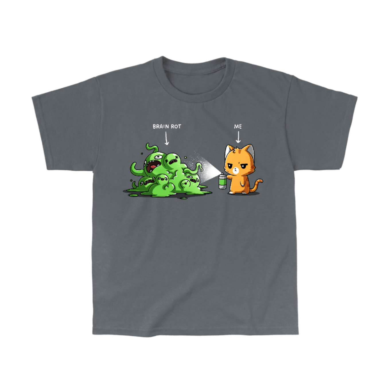 Classic Cotton T-shirt_TeeTurtle charcoal No Thanks Brain Rot Classic Cotton T-shirt featuring an orange cat with a spray can spraying a green blob monster with the label "brain rot" over it 