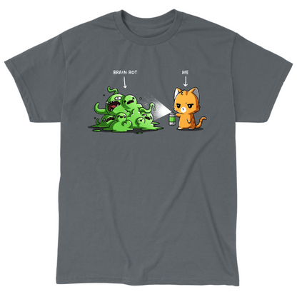 Classic Cotton T-shirt_TeeTurtle charcoal No Thanks Brain Rot Classic Cotton T-shirt featuring an orange cat with a spray can spraying a green blob monster with the label "brain rot" over it 