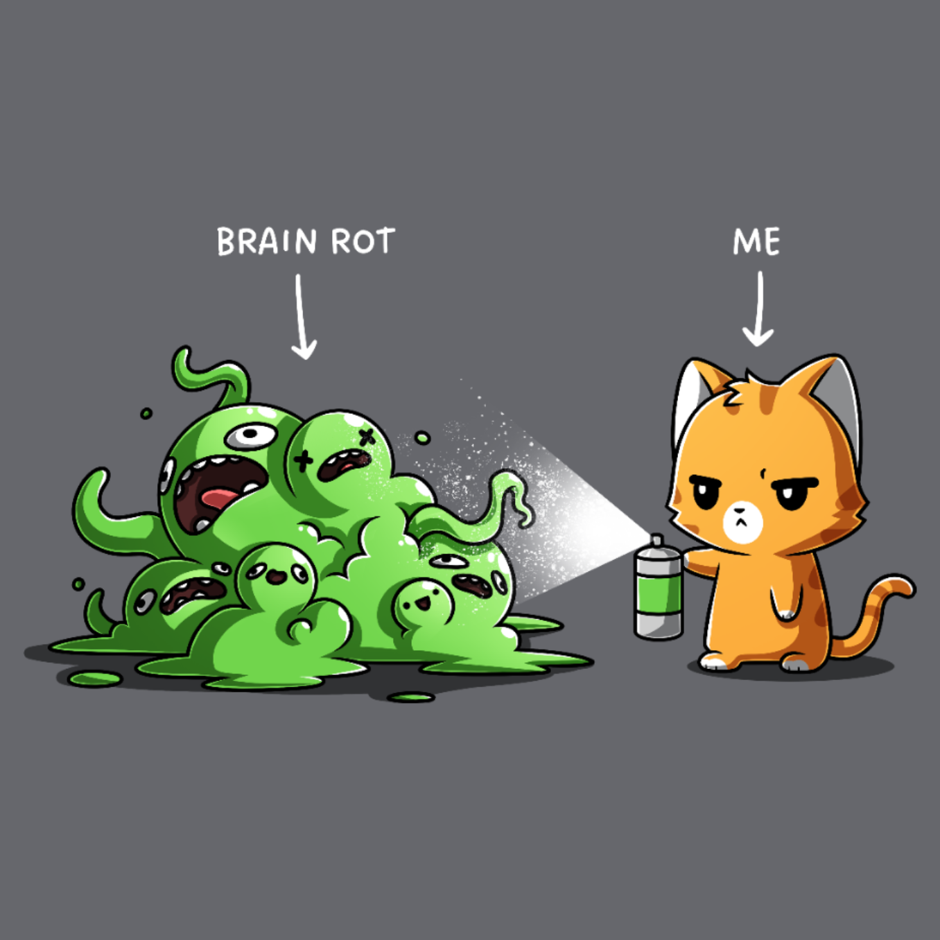 Classic Cotton T-shirt_TeeTurtle charcoal No Thanks Brain Rot Classic Cotton T-shirt featuring an orange cat with a spray can spraying a green blob monster with the label "brain rot" over it 