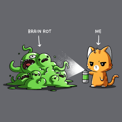 Classic Cotton T-shirt_TeeTurtle charcoal No Thanks Brain Rot Classic Cotton T-shirt featuring an orange cat with a spray can spraying a green blob monster with the label "brain rot" over it 