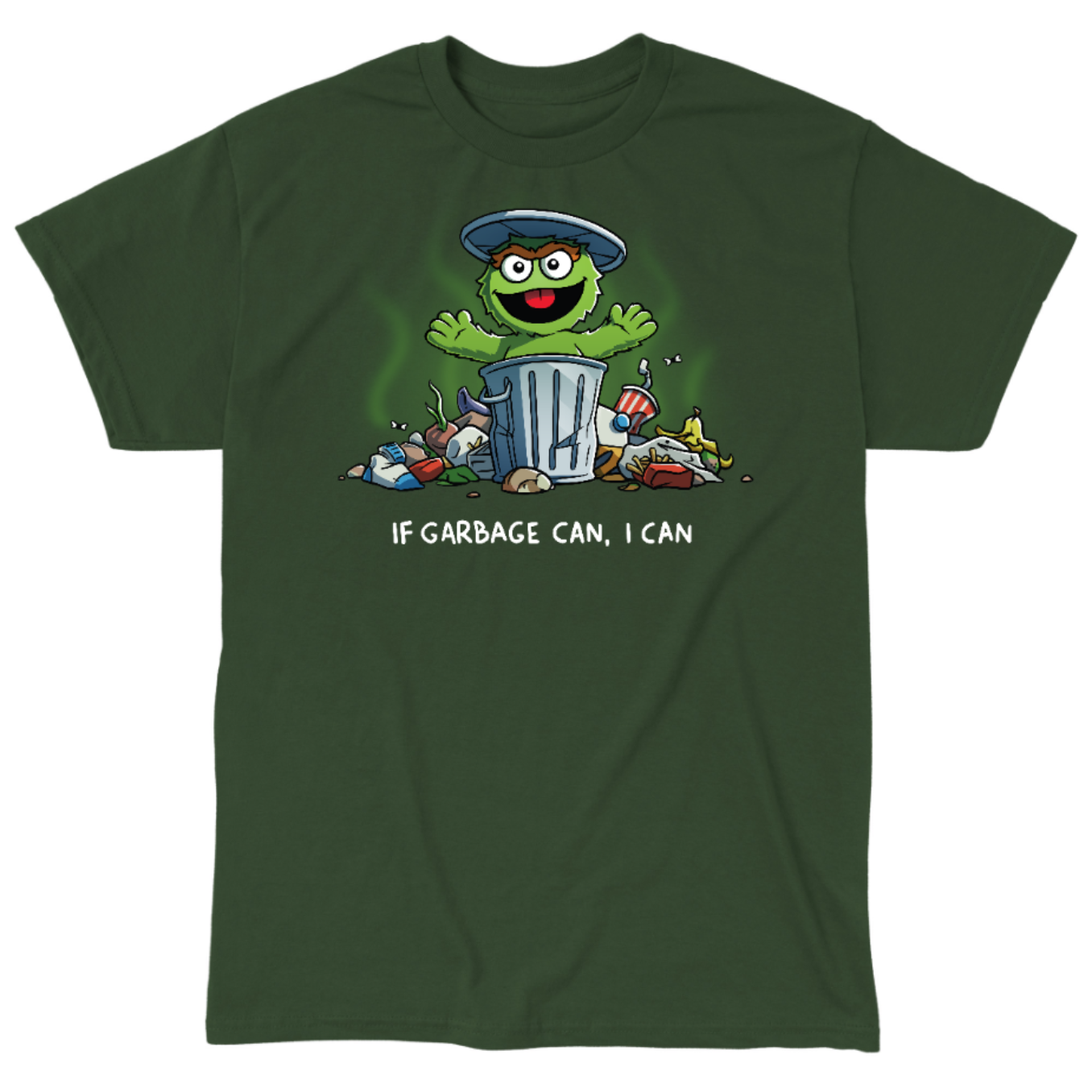 Classic Cotton T-shirt_TeeTurtle forest green If Garbage Can I Can Classic Cotton T-shirt featuring Oscar the Grouch from Sesame Street in his trash can, surrounded by garbage. He is raising his arms and smiling and the text below him reads "If Garbage Can, I Can."