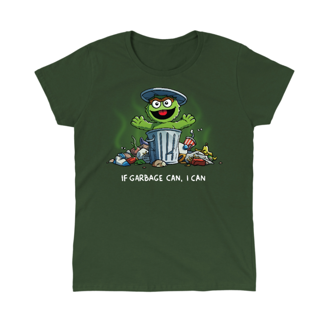 Classic Cotton T-shirt_TeeTurtle forest green If Garbage Can I Can Classic Cotton T-shirt featuring Oscar the Grouch from Sesame Street in his trash can, surrounded by garbage. He is raising his arms and smiling and the text below him reads "If Garbage Can, I Can."