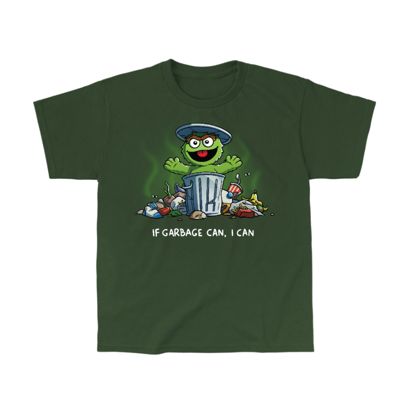 Classic Cotton T-shirt_TeeTurtle forest green If Garbage Can I Can Classic Cotton T-shirt featuring Oscar the Grouch from Sesame Street in his trash can, surrounded by garbage. He is raising his arms and smiling and the text below him reads "If Garbage Can, I Can."