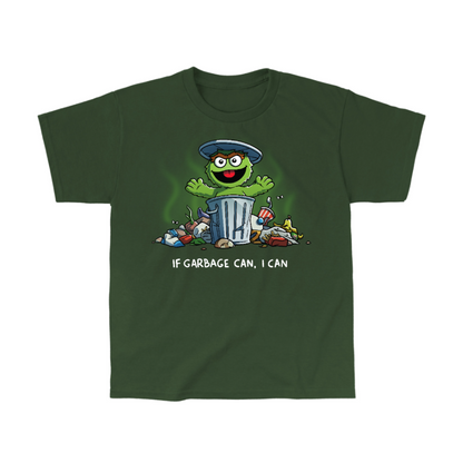 Classic Cotton T-shirt_TeeTurtle forest green If Garbage Can I Can Classic Cotton T-shirt featuring Oscar the Grouch from Sesame Street in his trash can, surrounded by garbage. He is raising his arms and smiling and the text below him reads "If Garbage Can, I Can."