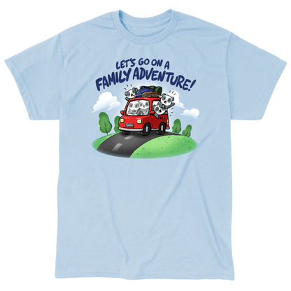 Classic Cotton T-shirt_TeeTurtle light blue Let's Go On A Family Adventure Classic Cotton T-shirt featuring the title text above a red car stuffed full of pandas and vacation gear, with the three backseat pandas leaning out the windows and yelling while the driver smiles and the passenger pouts. 
