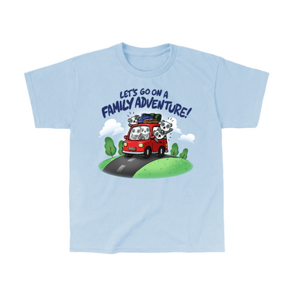 Classic Cotton T-shirt_TeeTurtle light blue Let's Go On A Family Adventure Classic Cotton T-shirt featuring the title text above a red car stuffed full of pandas and vacation gear, with the three backseat pandas leaning out the windows and yelling while the driver smiles and the passenger pouts. 
