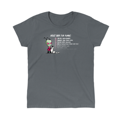 Classic Cotton T-shirt_TeeTurtle charcoal Insult Ideas for Humans Classic Cotton T-shirt featuring Invader Zim with a long list. Beside him the text reads "Insult Ideas for Humans:" with a variety of checked off options afterward including "Sad little earth monkeys," "Horrible stink people thing," and many more. The text fades out implying the list is endless. 