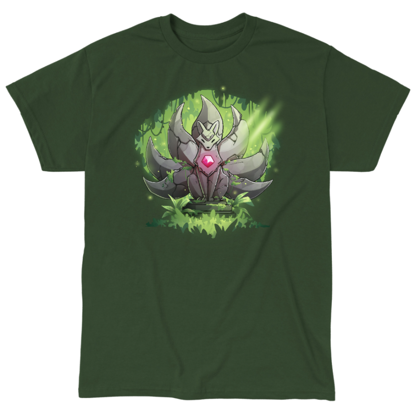 Classic Cotton T-shirt_TeeTurtle forest green Kitsune Statue Classic Cotton T-shirt featuring a stone statue of a kitsune with seven tails and a glowing pink gem in its chest, covered with moss and surrounded by forest, with a beam of light hitting it from above