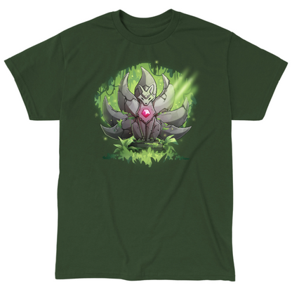 Classic Cotton T-shirt_TeeTurtle forest green Kitsune Statue Classic Cotton T-shirt featuring a stone statue of a kitsune with seven tails and a glowing pink gem in its chest, covered with moss and surrounded by forest, with a beam of light hitting it from above