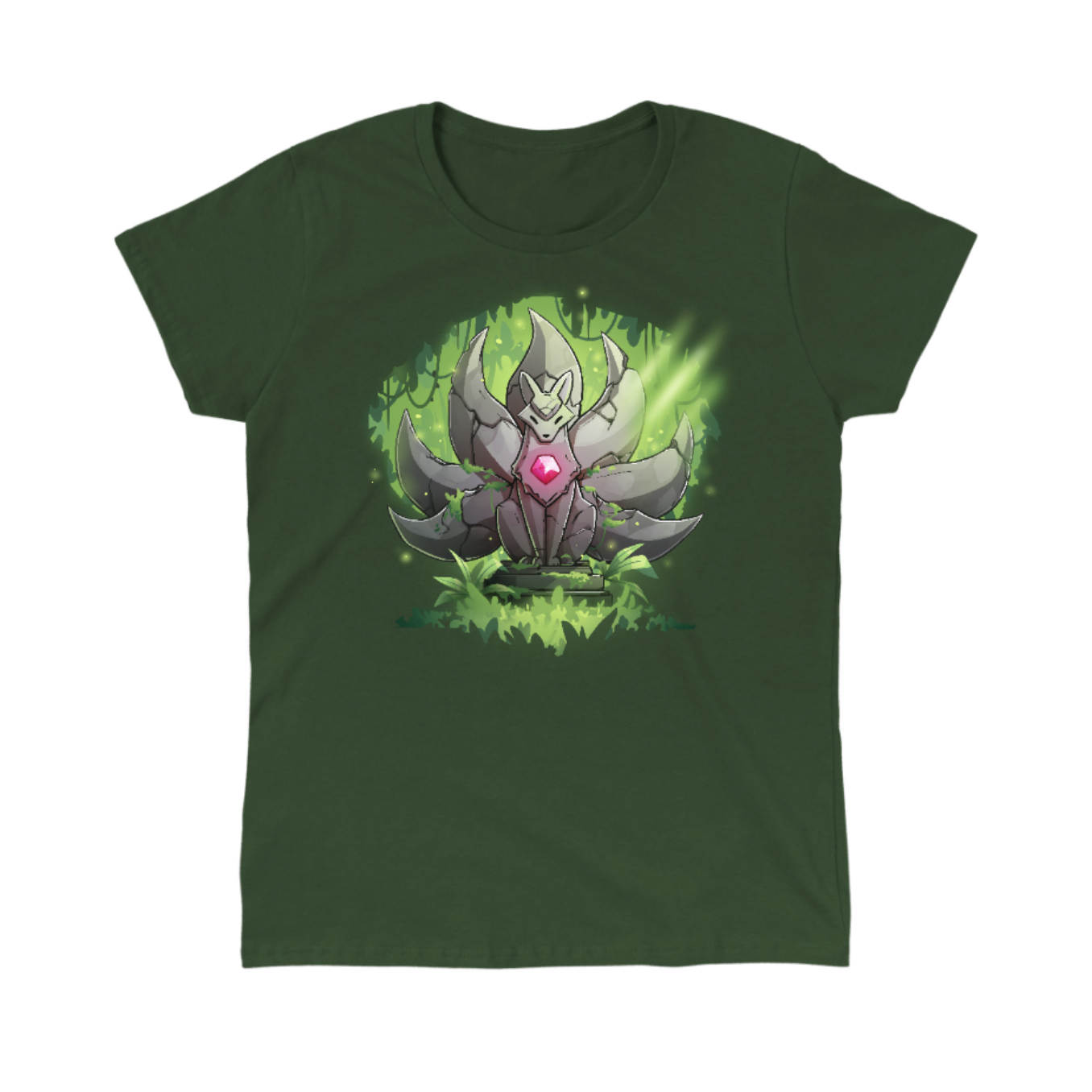 Classic Cotton T-shirt_TeeTurtle forest green Kitsune Statue Classic Cotton T-shirt featuring a stone statue of a kitsune with seven tails and a glowing pink gem in its chest, covered with moss and surrounded by forest, with a beam of light hitting it from above