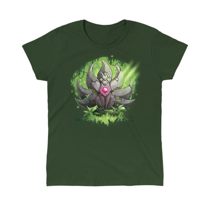 Classic Cotton T-shirt_TeeTurtle forest green Kitsune Statue Classic Cotton T-shirt featuring a stone statue of a kitsune with seven tails and a glowing pink gem in its chest, covered with moss and surrounded by forest, with a beam of light hitting it from above