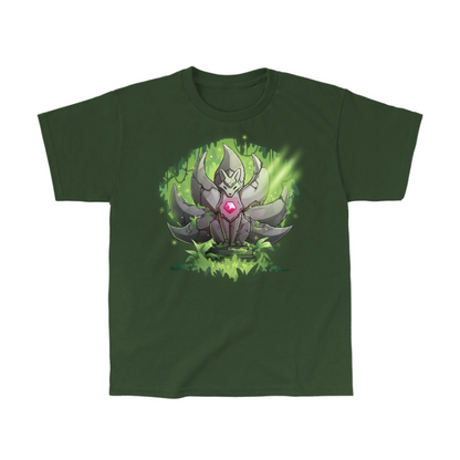 Classic Cotton T-shirt_TeeTurtle forest green Kitsune Statue Classic Cotton T-shirt featuring a stone statue of a kitsune with seven tails and a glowing pink gem in its chest, covered with moss and surrounded by forest, with a beam of light hitting it from above