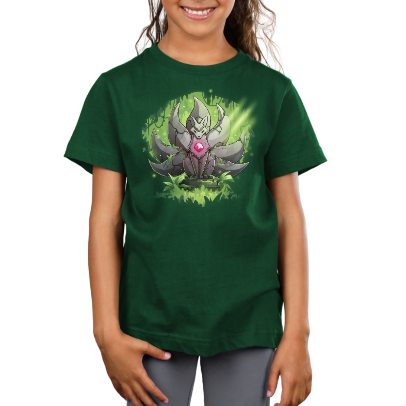 Premium Cotton T-shirt_TeeTurtle forest green Kitsune Statue Premium Cotton T-shirt featuring a stone statue of a kitsune with seven tails and a glowing pink gem in its chest, covered with moss and surrounded by forest, with a beam of light hitting it from above