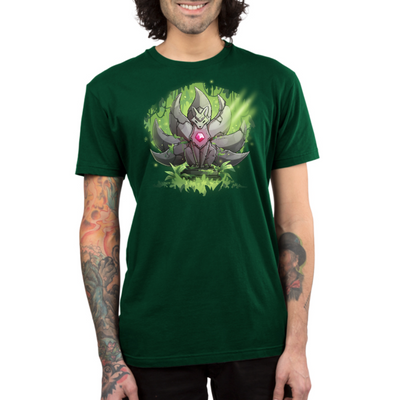 Premium Cotton T-shirt_TeeTurtle forest green Kitsune Statue Premium Cotton T-shirt featuring a stone statue of a kitsune with seven tails and a glowing pink gem in its chest, covered with moss and surrounded by forest, with a beam of light hitting it from above