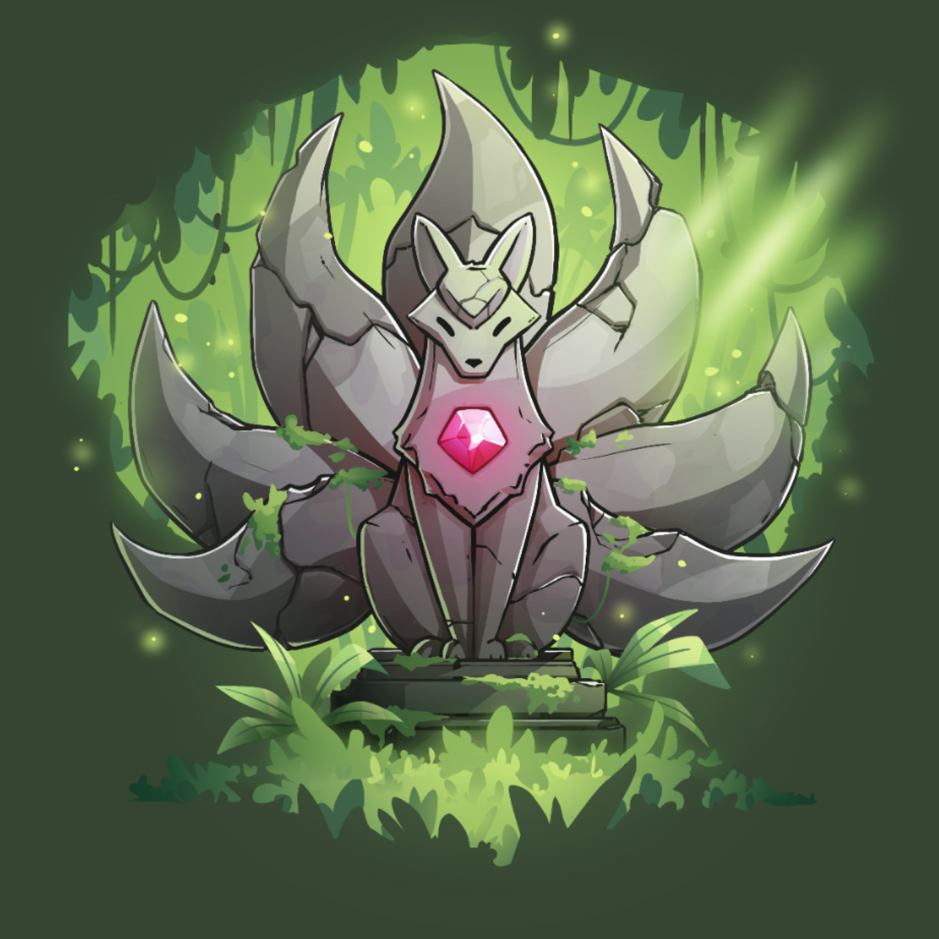 Classic Cotton T-shirt_TeeTurtle forest green Kitsune Statue Classic Cotton T-shirt featuring a stone statue of a kitsune with seven tails and a glowing pink gem in its chest, covered with moss and surrounded by forest, with a beam of light hitting it from above