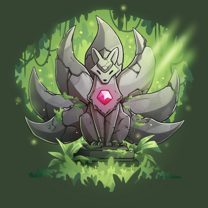 Classic Cotton T-shirt_TeeTurtle forest green Kitsune Statue Classic Cotton T-shirt featuring a stone statue of a kitsune with seven tails and a glowing pink gem in its chest, covered with moss and surrounded by forest, with a beam of light hitting it from above