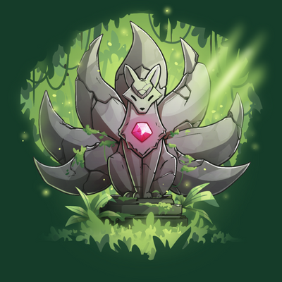 Premium Cotton T-shirt_TeeTurtle forest green Kitsune Statue Premium Cotton T-shirt featuring a stone statue of a kitsune with seven tails and a glowing pink gem in its chest, covered with moss and surrounded by forest, with a beam of light hitting it from above