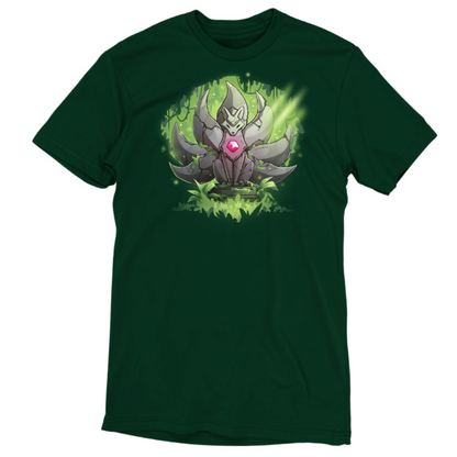 Premium Cotton T-shirt_TeeTurtle forest green Kitsune Statue Premium Cotton T-shirt featuring a stone statue of a kitsune with seven tails and a glowing pink gem in its chest, covered with moss and surrounded by forest, with a beam of light hitting it from above
