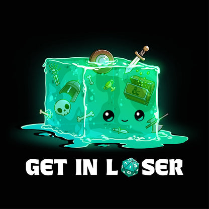 Women's Premium T-Shirt_TeeTurtle black Get In Loser Women's Premium T-Shirt featuring a smiling green gelatinous cube filled with bones and adventuring loot with the text "Get In Loser," featuring a twenty-sided die in place of the "O."