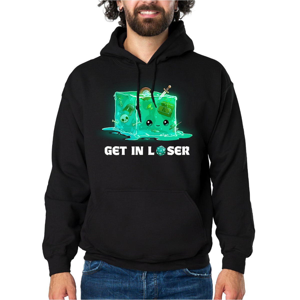 Pullover Hoodie_TeeTurtle black Get In Loser Pullover Hoodie featuring a smiling green gelatinous cube filled with bones and adventuring loot with the text "Get In Loser," featuring a twenty-sided die in place of the "O."