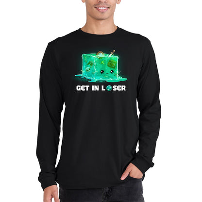Long Sleeve T-shirt_TeeTurtle black Get In Loser Long Sleeve T-shirt featuring a smiling green gelatinous cube filled with bones and adventuring loot with the text "Get In Loser," featuring a twenty-sided die in place of the "O."