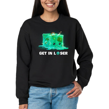 Crew Neck Sweatshirt_TeeTurtle black Get In Loser Crew Neck Sweatshirt featuring a smiling green gelatinous cube filled with bones and adventuring loot with the text "Get In Loser," featuring a twenty-sided die in place of the "O."