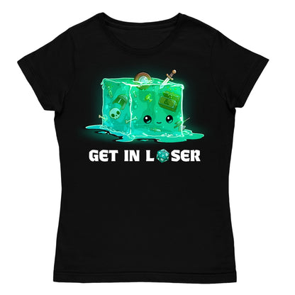 Women's Premium T-Shirt_TeeTurtle black Get In Loser Women's Premium T-Shirt featuring a smiling green gelatinous cube filled with bones and adventuring loot with the text "Get In Loser," featuring a twenty-sided die in place of the "O."