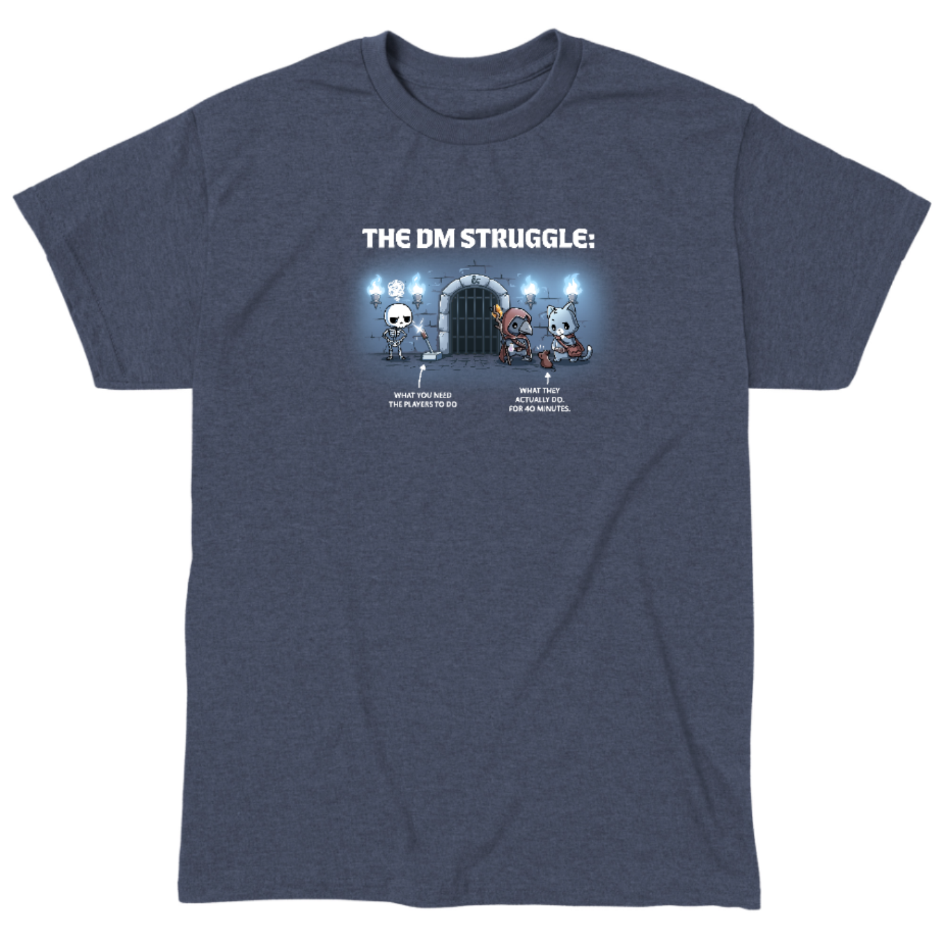 Classic Cotton T-shirt_TeeTurtle heather navy The DM Struggle Classic Cotton T-shirt featuring a grumpy skeleton standing next to a glowing lever and two player characters nearby talking to a rat. Under the skeleton is the text "what you need the players to do" and under the players is the text "what they actually do. for 40 minutes." 