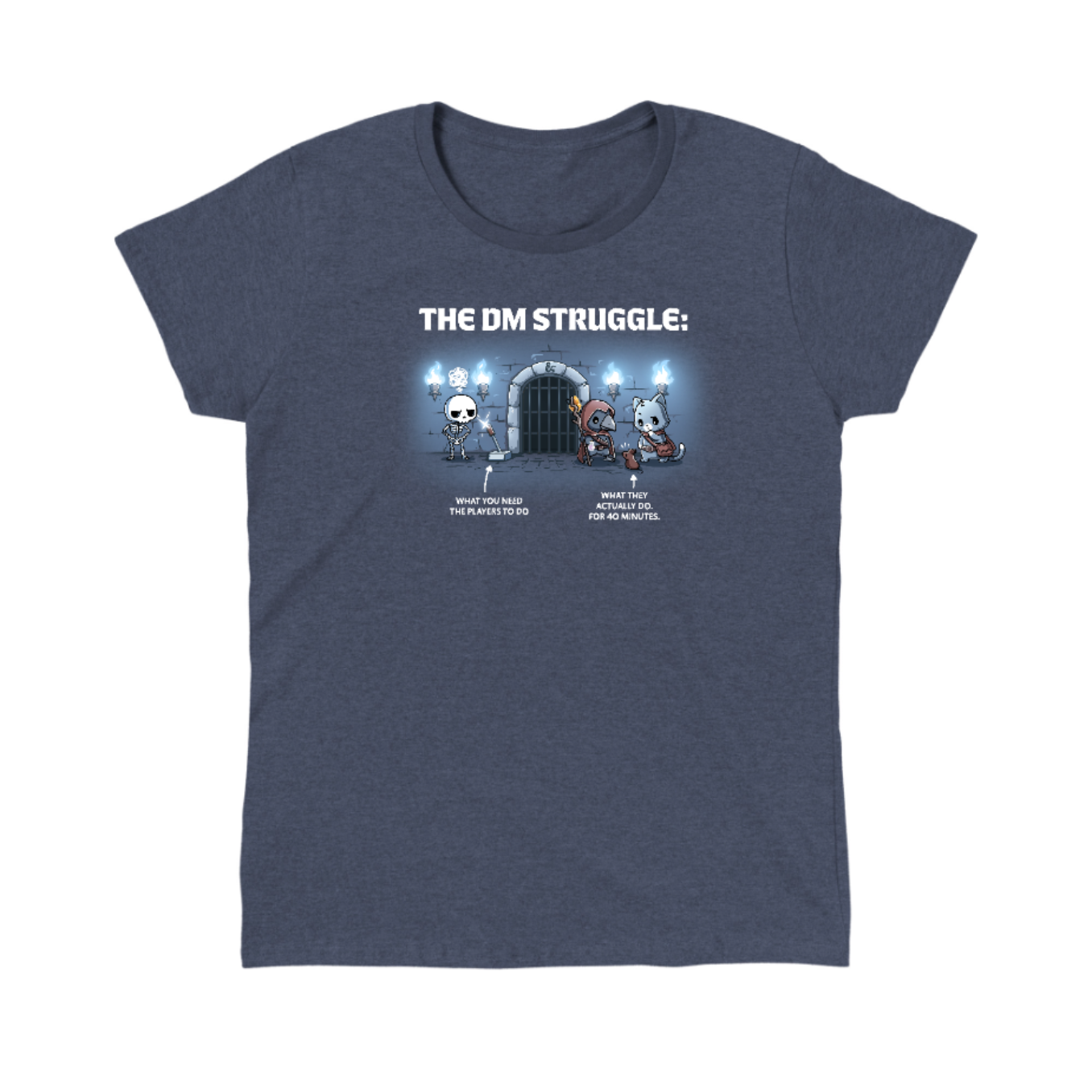 Classic Cotton T-shirt_TeeTurtle heather navy The DM Struggle Classic Cotton T-shirt featuring a grumpy skeleton standing next to a glowing lever and two player characters nearby talking to a rat. Under the skeleton is the text "what you need the players to do" and under the players is the text "what they actually do. for 40 minutes." 