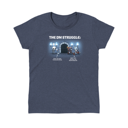 Classic Cotton T-shirt_TeeTurtle heather navy The DM Struggle Classic Cotton T-shirt featuring a grumpy skeleton standing next to a glowing lever and two player characters nearby talking to a rat. Under the skeleton is the text "what you need the players to do" and under the players is the text "what they actually do. for 40 minutes." 