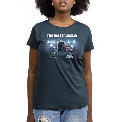 Premium Cotton T-shirt_TeeTurtle denim blue The DM Struggle Premium Cotton T-shirt featuring a grumpy skeleton standing next to a glowing lever and two player characters nearby talking to a rat. Under the skeleton is the text "what you need the players to do" and under the players is the text "what they actually do. for 40 minutes." 